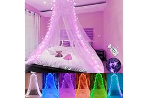 HEYCOLOR Betthimmel für Mädchen, Bettvorhang mit 100 LED Lichterketten, 18 farbwechselnde Sternlichter, Kuppel vorhänge für Mädchen Prinzessin Frauen Schlafzimmer, 1 Eingang für Einzel- bis doppelbett