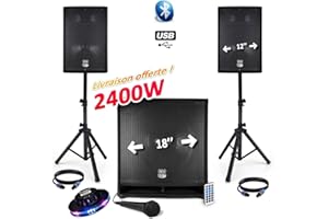 BM SONIC Pack SONORISATION Complet BM Bmsonic 2400W USB/BT MKII - 2 Enceintes 12" + Caisson SUB Actif 18" Animation Mobile Mariage