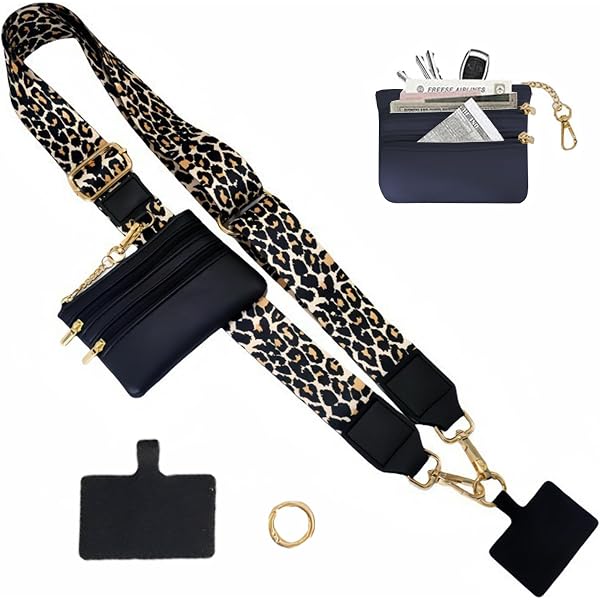 Sangle De Téléphone Bandoulière Avec Pochette Zippée - Longueur Réglable 50-74 Cm, Imprimé Léopard - Universelle, Libère Les Mains