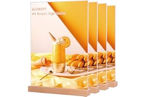GUOKOFF Présentoirs de Table A4, 4 Pièces Présentoirs pour Menu, Support pour Menu, Base en Bois, A4 Porte Menu, Porte Affiche Double Face