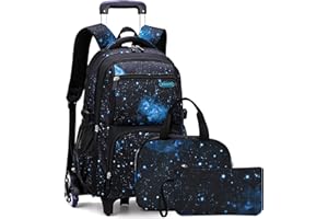 VOICI ET VOILA 3pcs Mochilas Escolares con Ruedas Carro para Mochilas Escolares Niña Niños Grande Bolsas Escolares Trolley Bag Mochila Infantil Cielo Estrellado Galaxy 30x23x46cm