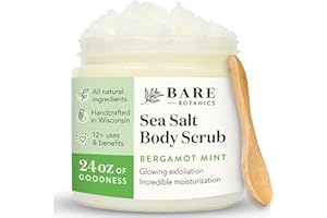 Bare Botanics Bergamot Mint Body Scrub 24oz | Made in the USA | All Natural Sea Salt Exfoliator w/Skin Loving Moisturizers | Vegan & Cruelty Free | Gift Ready Packaging w/a Cute Wooden Spoon