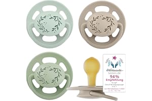 nip - Cherry Green | 0-6 Monate | 4er Pack | Stillfreundlicher, zahnfreundlicher Babyschnuller. Nachhaltiger Schnuller aus natürlichen Rohstoffen, Hellgrün/Braun