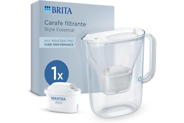 BRITA Carafe filtrante Style Essential blanche (2,4L) avec 1x MAXTRA PRO PURE PERFORMANCE - Indicateur Smart Light, tient dans la porte du frigo, réduit* des impuretés, certains métaux & plus