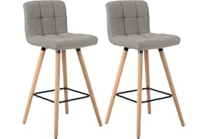WOLTU 2X Taburete de Bar con Respaldo, Marco de Madera Asiento de Lino Muebles Cocina Taburete Alto para Cocina, Bar, Paquete de 2 Unidades Gris Claro