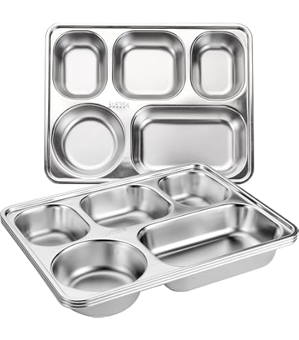 12er-Set Edelstahl Thali Teller – 5-in-1 Trennplatte, 34 Cm, Spülmaschinenfest, Für Ausgewogene Ernährung