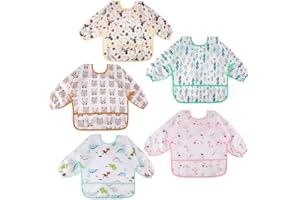 Lictin Baby Bibs with Sleeves, 5 Pcs Waterproof Long Sleeve Bib Unisex Feeding Bibs Apron for Infant Toddler 0-24 Months