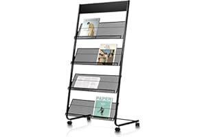 xdgeLoad Magazine Rack Floor Standing Brochure Display Stand with Wheels, 4 Pockets Literature Holder Book Stand Floor Stand for Office, Trade Show, Exhibitions (Black)
