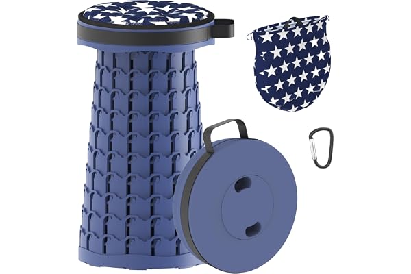 LOCYOP Tabouret Pliant Portable, Tabouret de Camping Amélioré Tabouret Télescopique avec Coussin et Sac à Main Tabouret Retractable pour Adultes Randonnée BBQ Maxi Charge 272 kg (Marine)
