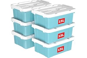 Cetomo 15L*6 Scatole di Stoccaggio in Plastica, Scatole Portaoggetti con Coperchio, Organizzatore con Manico, Contenitori per Casa e Ufficio, Impilabile, Resistente, Blu, 15L - Confezione da 6