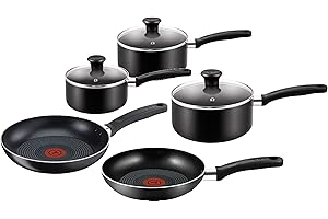 Tefal Essential 5-Piece Non-Stick Cookware Set: 3 Saucepans (16/18/20CM) with Lids, 2 Frying Pans (20/24CM), Compatible with All Hobs Except Induction Black - B472S545