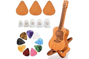 MADGININE Guitar Pick Case with 3Pcs Wooden Picks, 9Pcs Colorful Picks, Silicone Finger Sleeves, Music Art Gift for Guitar, Ukulele Lover