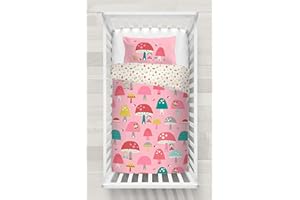 DREAMS & DRAPES HlpiAMok Cosatto: 100% Cotton Cot Duvet Cover and Pillowcase Set - 90cm x 120cm (Mushroom Magic - Pink)