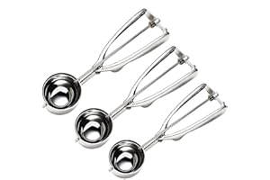 FUKTSYSM Ice Cream Scoop Set - 3 Pcs Stainless Steel Scoop with Trigger, Small (1.57 Inch), Medium (1.96 Inch), Large (2.36 Inch) - Melon and Cookie Scoop