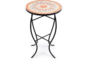 VONLUCE Table de Jardin de Style Mosaïque, Table de Jardin Ronde, Table d'Appoint en Mosaïque de Pierre de Dia. de 35,5CM (Orange, Beige et Gris)
