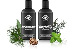 ‎BERGBAD BERGBAD 2 x 100ml WALDHÜTTE Set BIO Saunaaufguss Latschenkiefer + Fichte + Minze und Zirbe + Latschenkiefer + Eukalyptus - wohltuendes Sauna-Aufgussmittel mit Bio-Alkohol, Wasser und 100% BIO Ölen