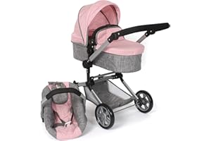 Bayer Chic 2000 - Passeggino per bambole Linus, passeggino combinato 3 in 1 per bambini dai 4 agli 8 anni, set passeggino per bambole, grigio melange, rosa, 72 x 41,5 x 82 cm