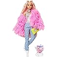 Barbie Extra n.3 - Bambola Snodata con Pelliccia Rosa e Maialino-Unicorno - 15 Accessori - Look Fashion con Ciocche Rossa - R
