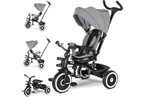 Lorelli Dreirad Tino ab 1 Jahr mit Schubstange, Sicherheitsgurt, 360 drehbar, Tricycle, Verstellbarer Elterngriff, Freilaufrad Funktion, Spielzeugkorb, Grau