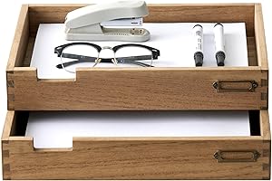 KIRIGEN Vassoio impilabile per lettere da ufficio (set di 2) Due vassoi in legno per l'organizzazione della scrivania giallo-marrone