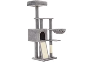 FEANDREA Árbol para Gatos Pequeños, 135 cm, Condominio para Gatos de Felpa de Varios Niveles, con Cubierta de Plataforma Extraíble y Lavable, Rascador, Cesta, Cueva, Gris Claro