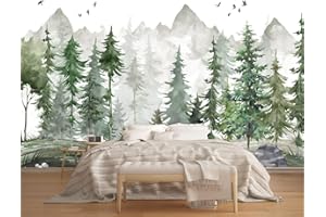 Naturempress Papier Peint Panoramique Montagne De Pins À L'Aquarelle Papier Peint Intissé Tapisserie Poster Mural pour Salon Chambre Décoration Murale