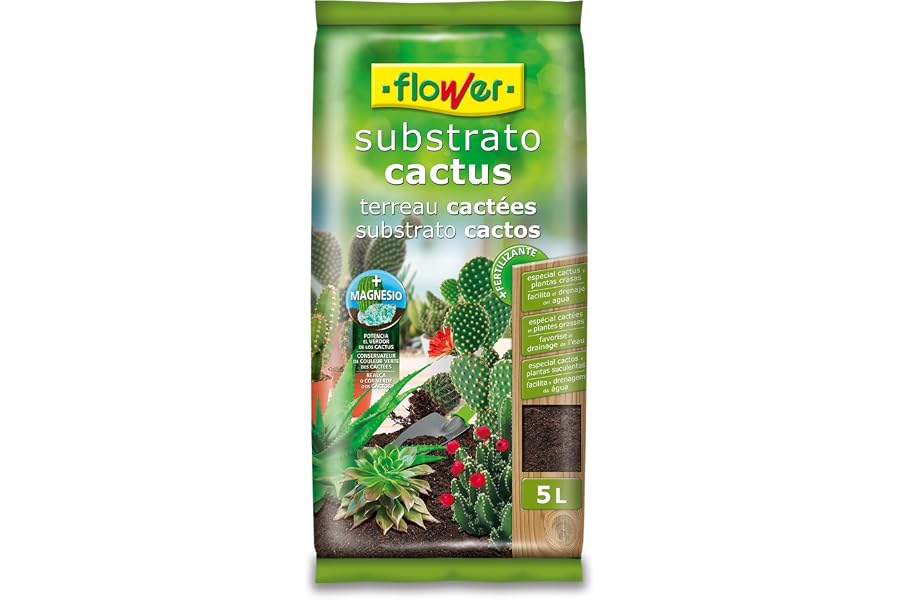Flower - Sustrato para Cactus y Crasas 5 L | Drenaje y Aireación | con Áridos y Piedra Volcánica | con Abono y Magnesio | Fav