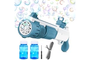 MOZC Machine à Bulles, Pistolets à Bulles Enfant, Pistolets à Bulles colorés avec 2 Solutions à Bulles pour Enfant 3 4 5 6 7 8 9 10 Ans Garçons Filles Cadeau Jardin Plein (Bleu)