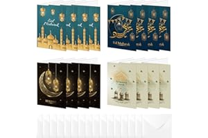 NMKL Eid Mubarak Cards Multipack,16Pcs Islamic Eid Card（10.5 * 15cm） Paper Happy Eid al-Fitr Greeting Cards with 16 Envelopes