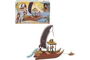 Mattel Disney La Pirogue de Vaiana 2 Transformable Coffret Vaiana 2 avec pirogue flottante, petite poupée Vaiana, 1 ami personnage, 6 espaces de jeu et 10 accessoires, JBT78