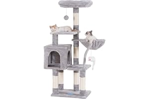 Hey-brother Árbol para Gatos, Árbol Rascador para Gatos, con Cama de Plataforma con cojín, Pelota de Juguete,Cueva cómoda, Hamaca y Poste de Arañar, Gris Claro 0EMPJ004SW-N-