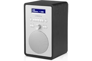 LEMEGA CR2+ Radio Digitale DAB/DAB+/FM, Alimentata dalla Rete, Doppio Allarme Orologio, Timer per Dormire in Cucina, 20 Preimpostate, Uscita Cuffie, Effetto Legno - Rovere Nero