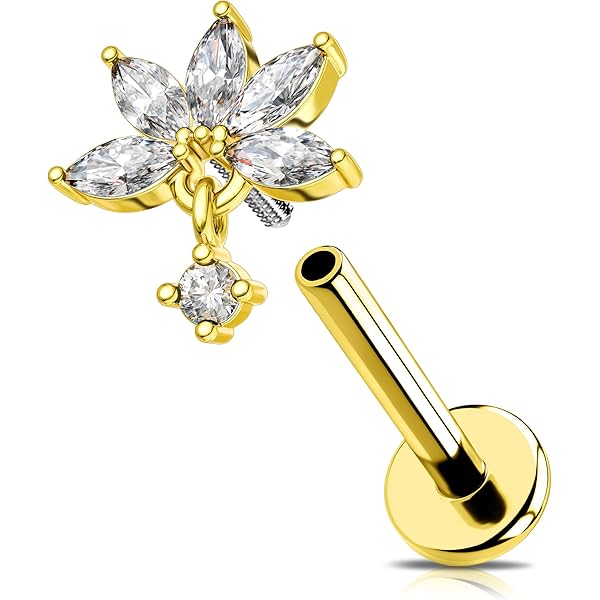 OUFER 16G Gouden Bloem Helix Oorbel Zonder Draad Push-in Tragus Piercing Roestvrij Staal 316L Groen Dangle Markies CZ Kraakbeen Piercing Sieraden 6/8 mm Lip Stud voor Vrouwen, 16G6mm, Roestvrij staal