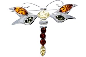 SILVERAMBER JEWELLERY Srebro wysokiej próby 925 i biżuteria z bursztynem bałtyckim – ważka motyl broszka M817, Sterling, srebro wysokiej próby, srebro, Bursztyn