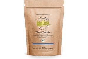 Champignon chaga en poudre bio 125g - Cueillette sauvage certifiée - >2% de polysaccharides - Polypore oblique - Conditionné et contrôlé en Allemagne - Biotiva