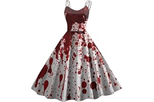 CAUYDY Halloween Kostüm mit Blutigem Aufdruck Damen Retro Mittelalter Kleidung Damen Temperament Ärmelloser Rockabilly Cocktailkleid Schnüren Gebundene Taille Tunikakleider Festlich Gastkleider