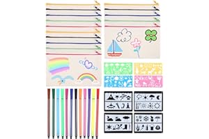 TIDEVAN 15 Stück Stoffbeutel zum Bemalen Federmäppchen zum Bemalen Blanko Stoffbeutel Taschen Zum Bemalen Kinder mit 12 Farbigen Stiften und 12 Zeichenvorlagen für Basteln Mäppchen Kosmetiktasche