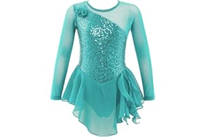 YiZYiF Vestito da Pattinaggio Artistico Bambina Pizzo Floreale Abito da Balletto Ginnastica Artistica a Manica Lunga Body da Danza Ballo Ragazza tutù in Tulle Dancewear