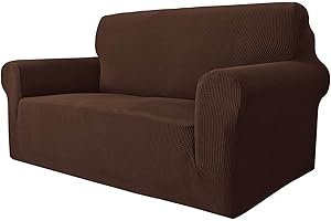 MAXIJIN Super Stretch Couch Cover for 2 Seater Couch, 1-Piece Universal Love Seat Covers Jacquard Spandex Sofa Protector Dogs Pet Friendly Fitted Loveseat Slipcover (2 Seater, Coffee)