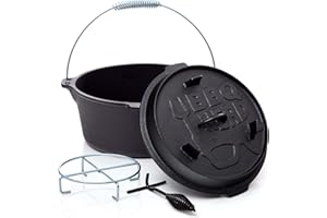 ‎BBQ NERD BBQ-Nerd© Dutch Oven "Professional" 9,0L mit Ständer | bereits eingebrannt - preseasoned | Gusseisen Feuertopf mit Deckel und integr. Bratpfanne | Feuerfester Grill & Camping Kochtopf mit Deckelheber