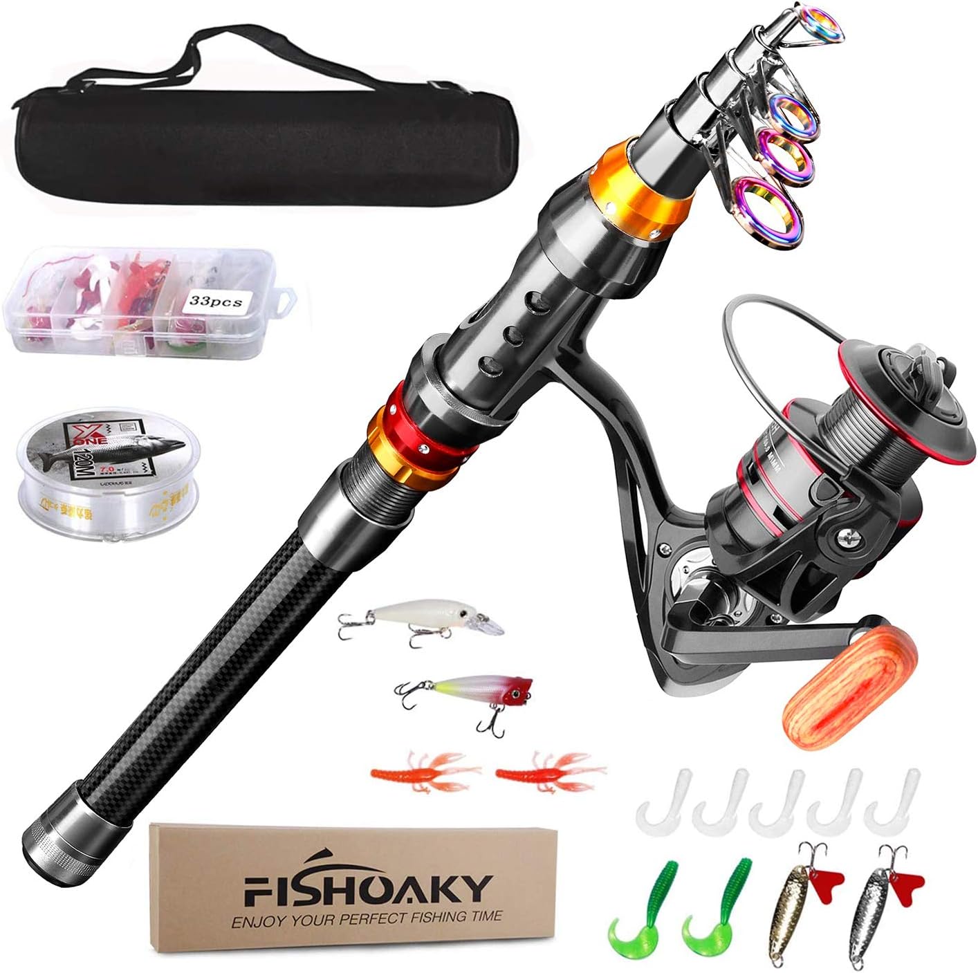 FishOaky Juego de caña de Pescar, caña de Pescar telescópica de Fibra de Carbono y Carrete con Carrete de Cebo de línea, Carrete de Carrete para Adultos, Viajes, Agua Salada y Agua Dulce