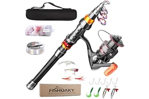FISHOAKY Canna da Pesca Telescopica in Fibra di Carbonio e Mulinello Combo Spinning Canna con Bobina Linea Esche Ganci per Bambini e Adulti | Saltwater &Freshwater