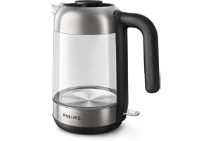Philips Glass Kettle HD9339/81, 1850-2200W, 1.7L, Glass Body | 5000 Series, Micro-Mesh Filter, Boil-Dry Protection, Blue Light, 360° Base, Black/Silver, HD9339/81