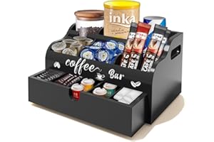 OT-NVWOZR Coffee Bar Organizer with Drawer, 2 Tier Coffee Station Organizer for Countertop, Adjustable Coffee Bar Accessories Wooden Tea Coffee Condiment Storage Pods Holder-Black