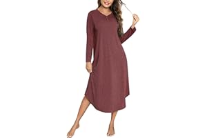 Bresdk Damska koszula nocna z długim rękawem, dekolt w serek, bawełna, bielizna nocna, zimowa, miękka koszulka nocna, damska długa z guzikiem