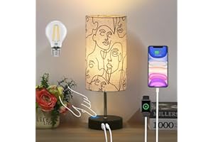 Lanmonlily Lámpara Mesita Noche Táctil, Regulable 3 Niveles de Brillo, Puerto de carga tipo C+USB-A, Pantalla de lino con base de metal, 1 Bombillas incluidas