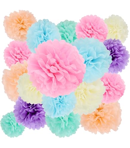 ESUOHYM Papierblumen & Pompons – 18 Stück, Rot/grün/weiß, Ø 20-25 Cm, Für Party-Deko (Weihnachten, Geburtstag)