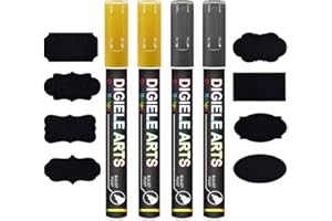 DIGIELE Kreidestift Gold + Silber, 2 Kreidestifte Gold + 2 Kreidemarker Silber 3mm+16 Tafel Labels, Trocken oder Feucht Abwischbare Flüssigkreide, Reversibel Stiftspitze-Whiteboard/Tafel/Fenster/Glas