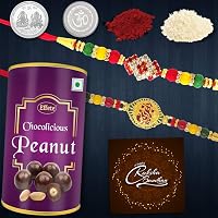 DeoDap Silver Plated Rakhi Roli Chawal, Set of 2 with Chocolate Combo and Greeting Cards