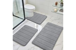 BYSURE Grey Memory Foam Bathroom Rug Set 3 Piece, Non Slip Extra Soft Absorbent Bath Mats, Machine Washable & Dry Toilet Mat Sets for Bathroom Floor